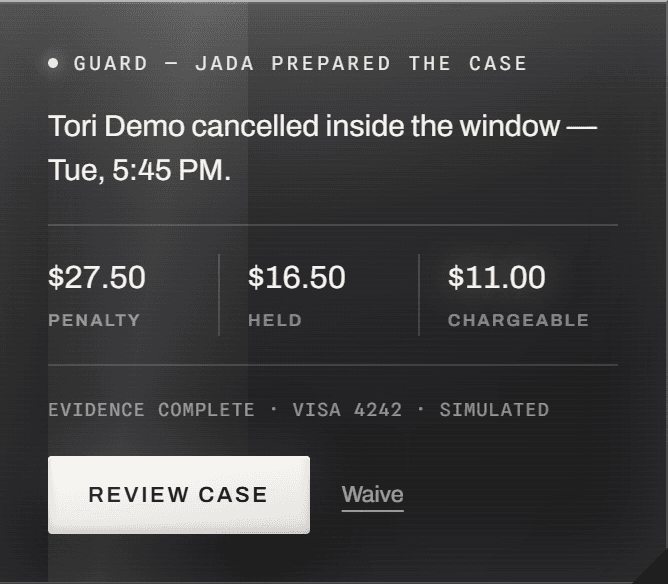 Close-up of a prepared Guard case on JADA's Today screen: a late cancellation with the penalty, the deposit held, the chargeable amount, and the line reading evidence complete — simulated.